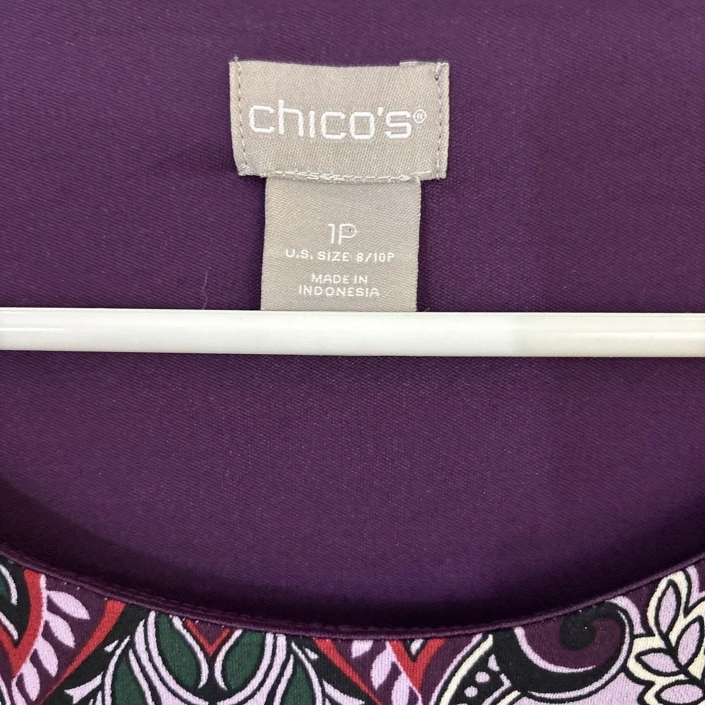 Chicos 1P Dress Maroon Purple Floral Geometric Flare‎ Bell Sleeve Stretch Brunch